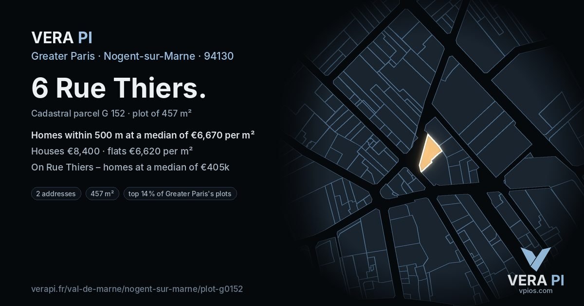 6 Rue Thiers, Nogent-sur-Marne at night – the plot lit, the parcels around coloured by the prices near them