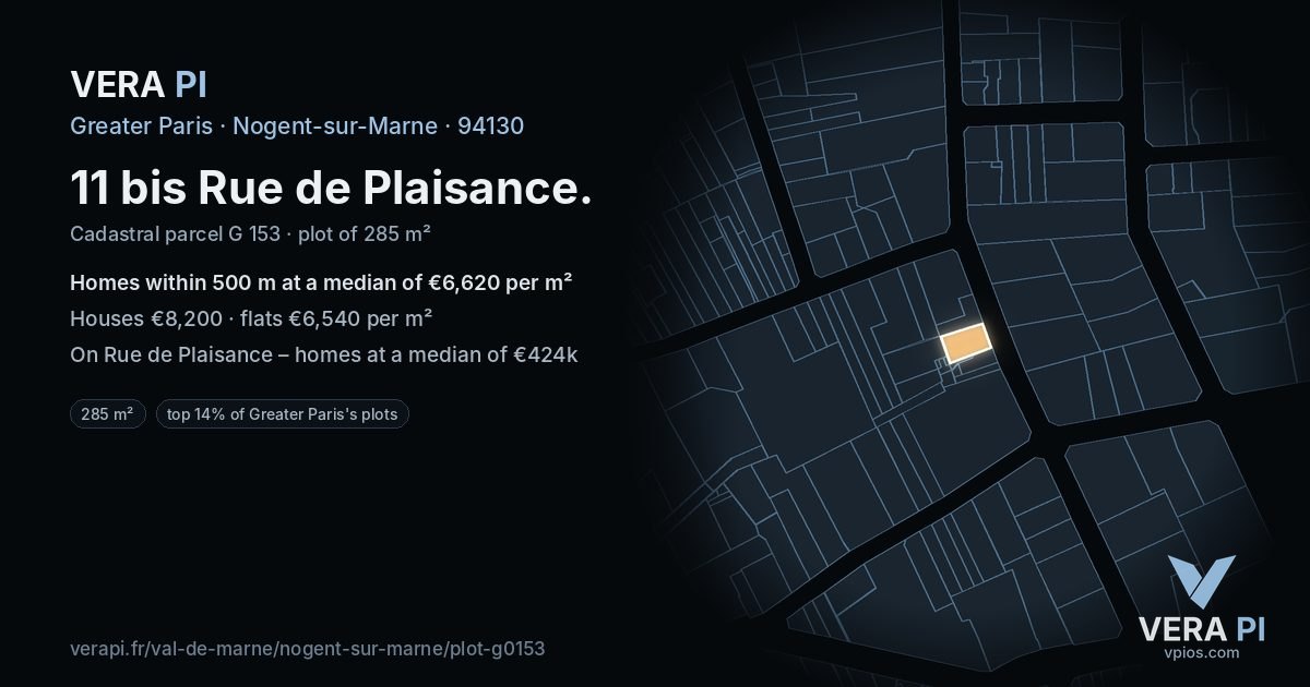 11 bis Rue de Plaisance, Nogent-sur-Marne at night – the plot lit, the parcels around coloured by the prices near them
