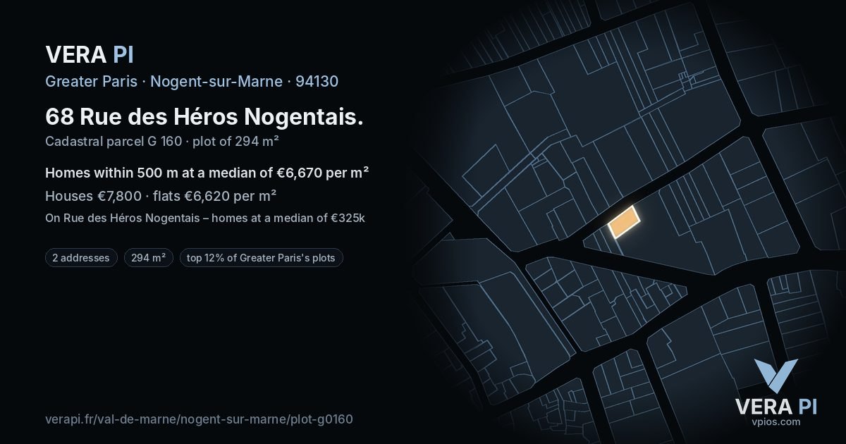 68 Rue des Héros Nogentais, Nogent-sur-Marne at night – the plot lit, the parcels around coloured by the prices near them