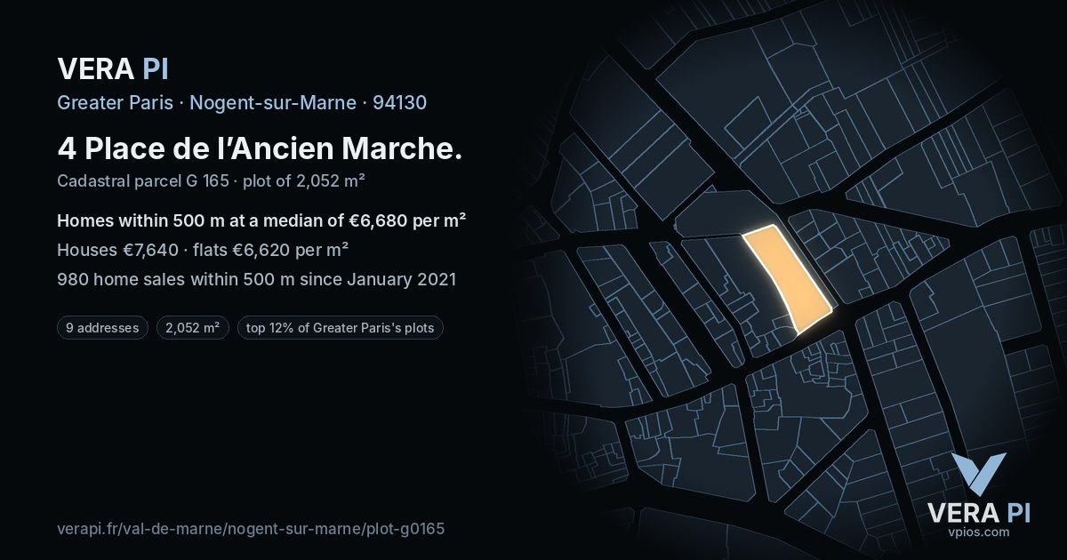 4 Place de l’Ancien Marche, Nogent-sur-Marne at night – the plot lit, the parcels around coloured by the prices near them