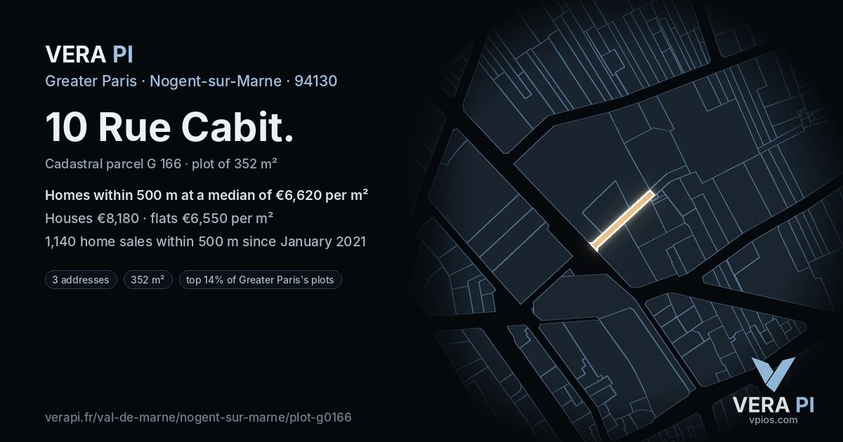 10 Rue Cabit, Nogent-sur-Marne at night – the plot lit, the parcels around coloured by the prices near them