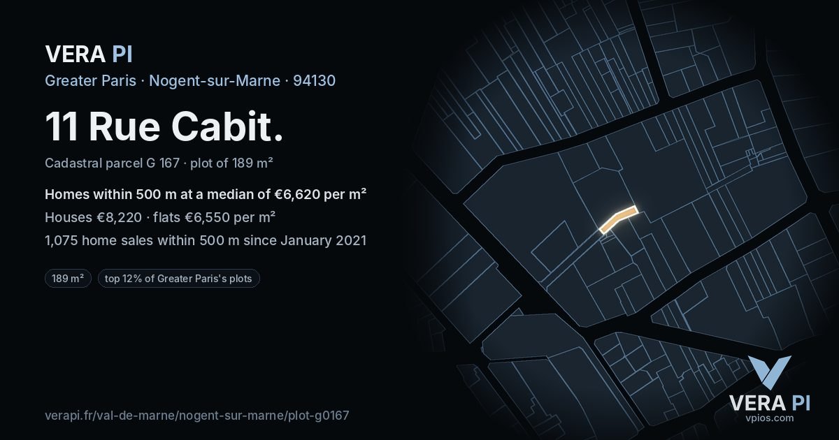 11 Rue Cabit, Nogent-sur-Marne at night – the plot lit, the parcels around coloured by the prices near them