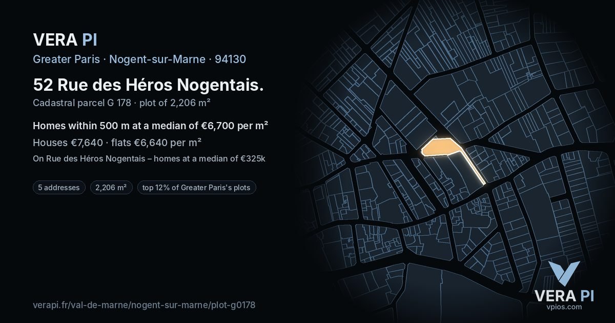 52 Rue des Héros Nogentais, Nogent-sur-Marne at night – the plot lit, the parcels around coloured by the prices near them