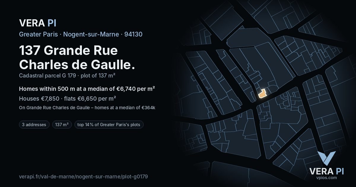 137 Grande Rue Charles de Gaulle, Nogent-sur-Marne at night – the plot lit, the parcels around coloured by the prices near them