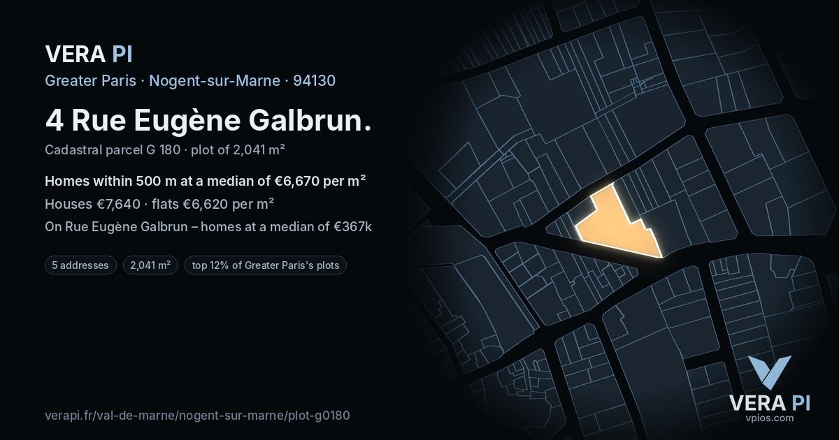 4 Rue Eugène Galbrun, Nogent-sur-Marne at night – the plot lit, the parcels around coloured by the prices near them