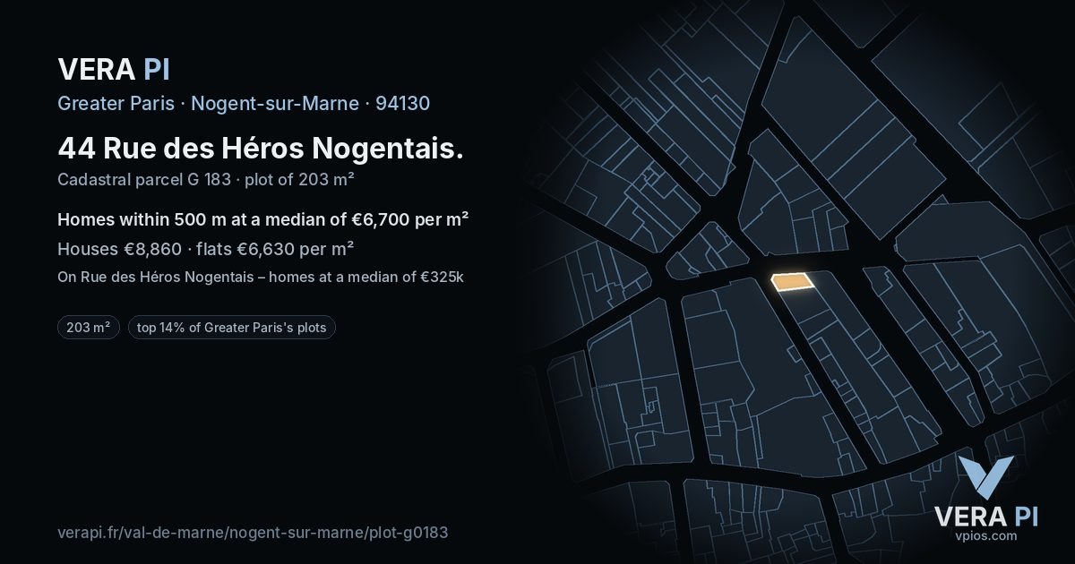 44 Rue des Héros Nogentais, Nogent-sur-Marne at night – the plot lit, the parcels around coloured by the prices near them