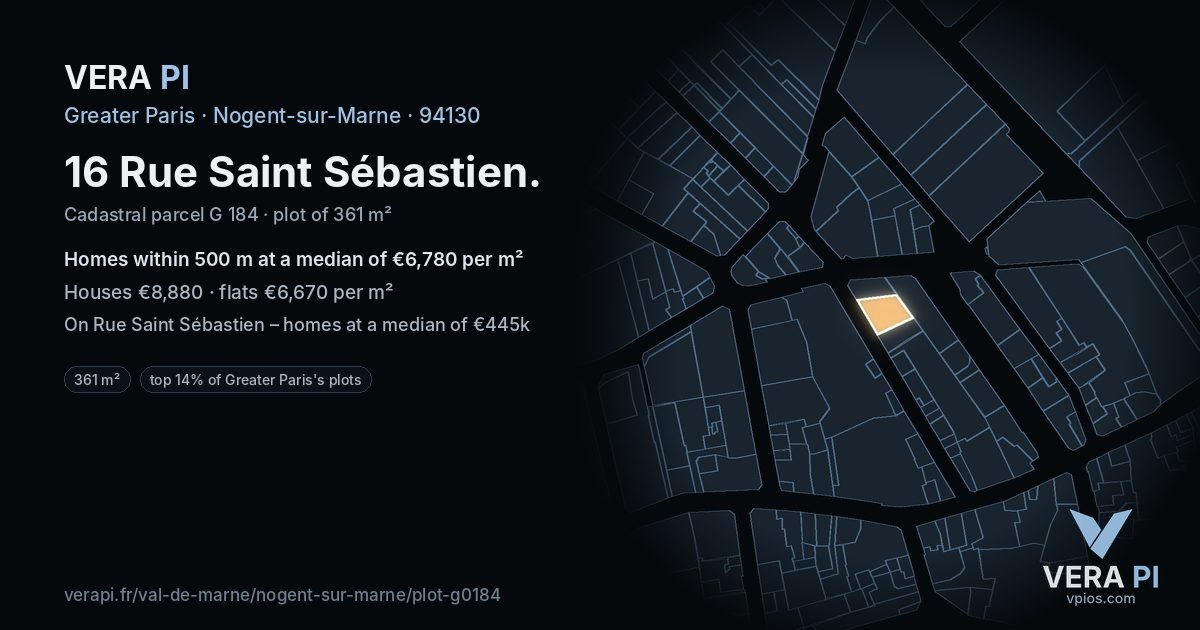 16 Rue Saint Sébastien, Nogent-sur-Marne at night – the plot lit, the parcels around coloured by the prices near them