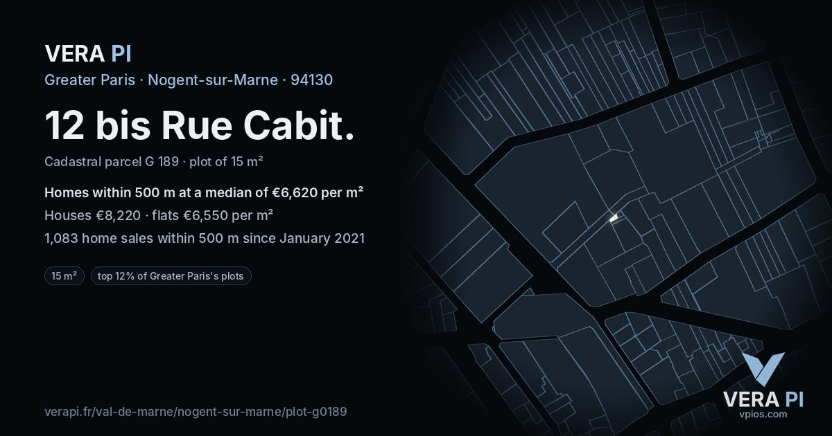 12 bis Rue Cabit, Nogent-sur-Marne at night – the plot lit, the parcels around coloured by the prices near them