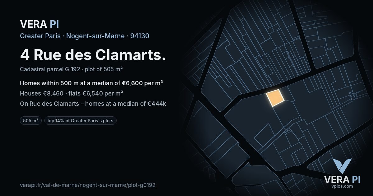 4 Rue des Clamarts, Nogent-sur-Marne at night – the plot lit, the parcels around coloured by the prices near them