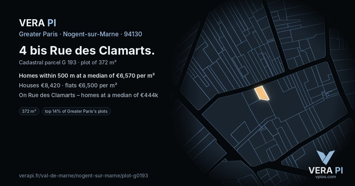 4 bis Rue des Clamarts, Nogent-sur-Marne at night – the plot lit, the parcels around coloured by the prices near them