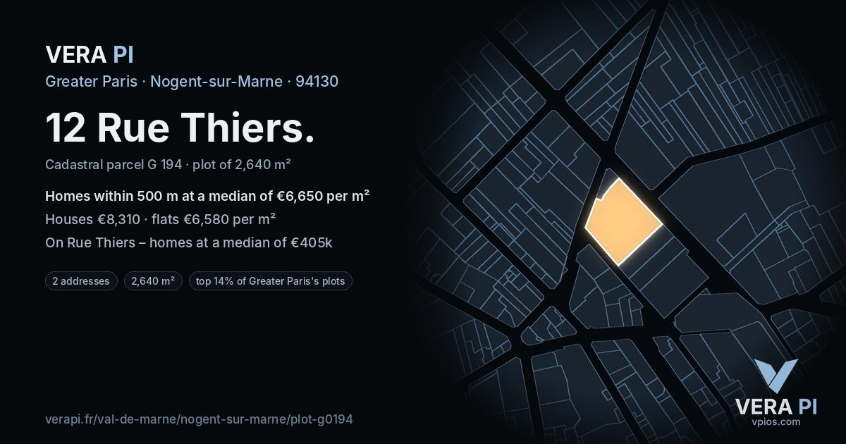12 Rue Thiers, Nogent-sur-Marne at night – the plot lit, the parcels around coloured by the prices near them