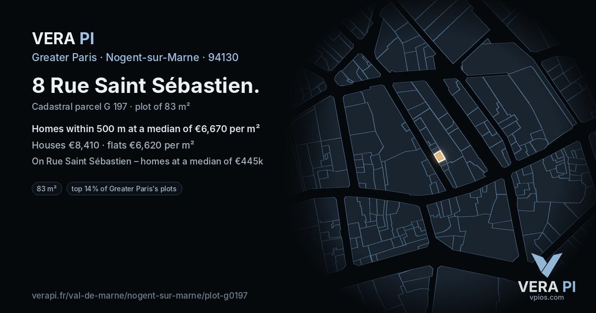 8 Rue Saint Sébastien, Nogent-sur-Marne at night – the plot lit, the parcels around coloured by the prices near them