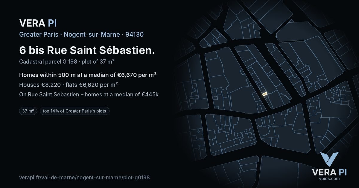 6 bis Rue Saint Sébastien, Nogent-sur-Marne at night – the plot lit, the parcels around coloured by the prices near them