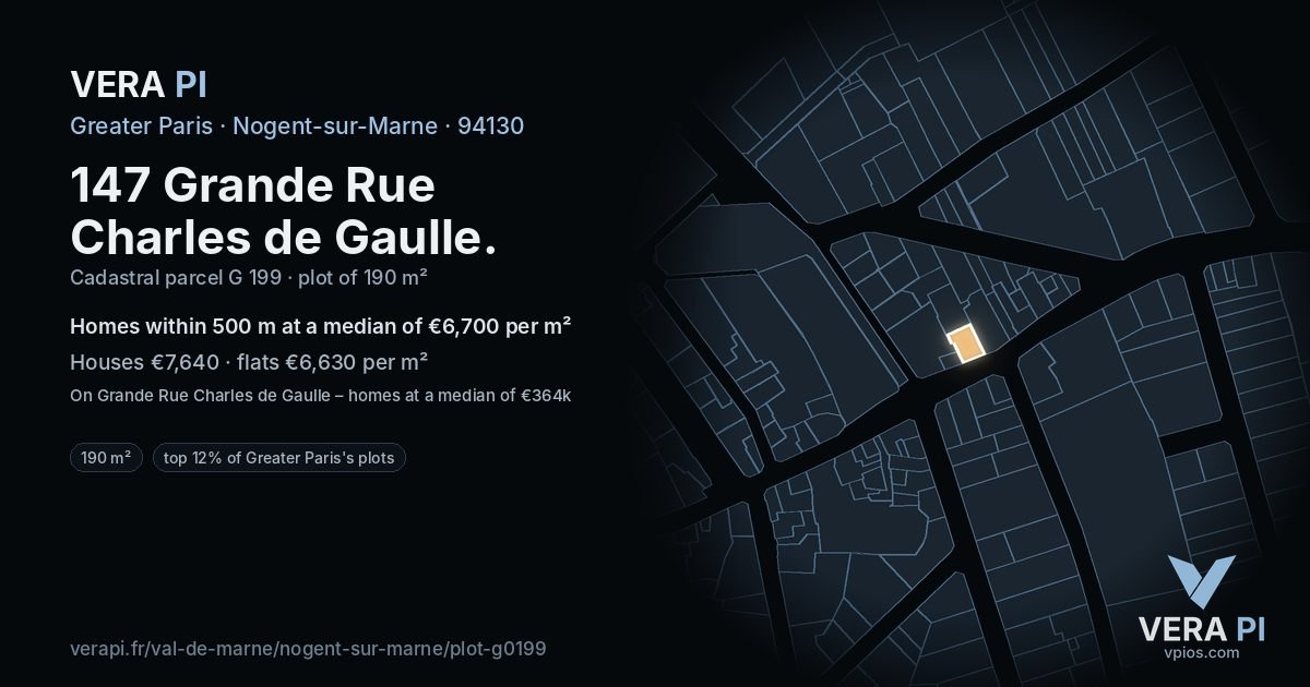 147 Grande Rue Charles de Gaulle, Nogent-sur-Marne at night – the plot lit, the parcels around coloured by the prices near them