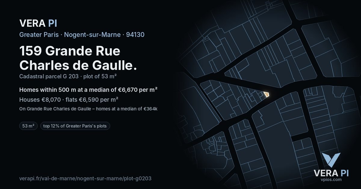 159 Grande Rue Charles de Gaulle, Nogent-sur-Marne at night – the plot lit, the parcels around coloured by the prices near them