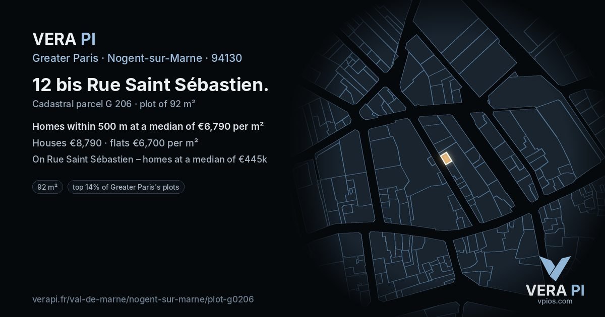 12 bis Rue Saint Sébastien, Nogent-sur-Marne at night – the plot lit, the parcels around coloured by the prices near them