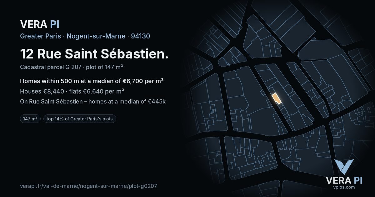12 Rue Saint Sébastien, Nogent-sur-Marne at night – the plot lit, the parcels around coloured by the prices near them
