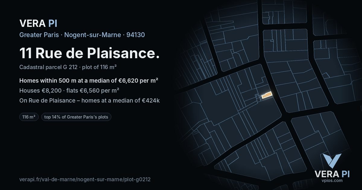 11 Rue de Plaisance, Nogent-sur-Marne at night – the plot lit, the parcels around coloured by the prices near them