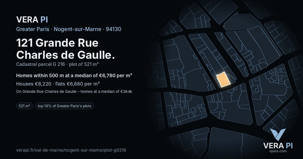 121 Grande Rue Charles de Gaulle, Nogent-sur-Marne at night – the plot lit, the parcels around coloured by the prices near them
