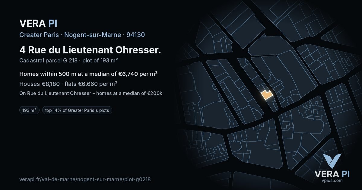4 Rue du Lieutenant Ohresser, Nogent-sur-Marne at night – the plot lit, the parcels around coloured by the prices near them