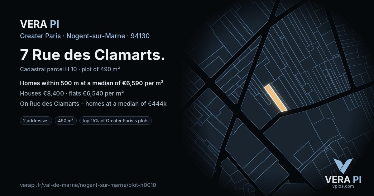 7 Rue des Clamarts, Nogent-sur-Marne at night – the plot lit, the parcels around coloured by the prices near them