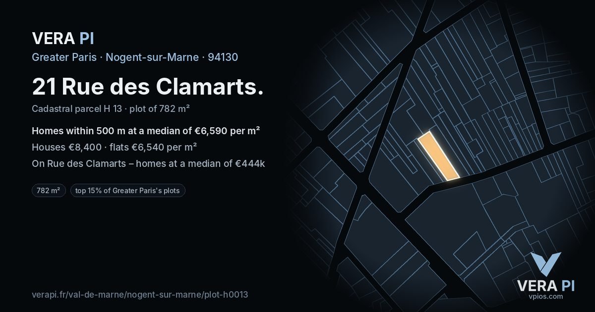 21 Rue des Clamarts, Nogent-sur-Marne at night – the plot lit, the parcels around coloured by the prices near them