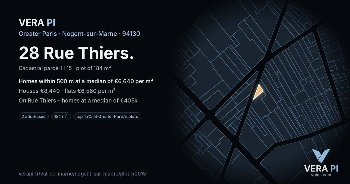 28 Rue Thiers, Nogent-sur-Marne at night – the plot lit, the parcels around coloured by the prices near them
