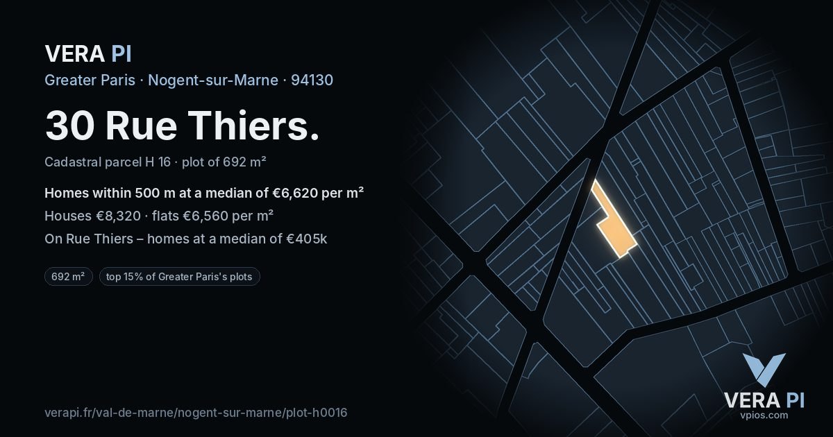 30 Rue Thiers, Nogent-sur-Marne at night – the plot lit, the parcels around coloured by the prices near them