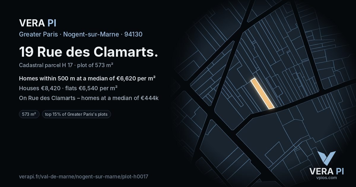 19 Rue des Clamarts, Nogent-sur-Marne at night – the plot lit, the parcels around coloured by the prices near them