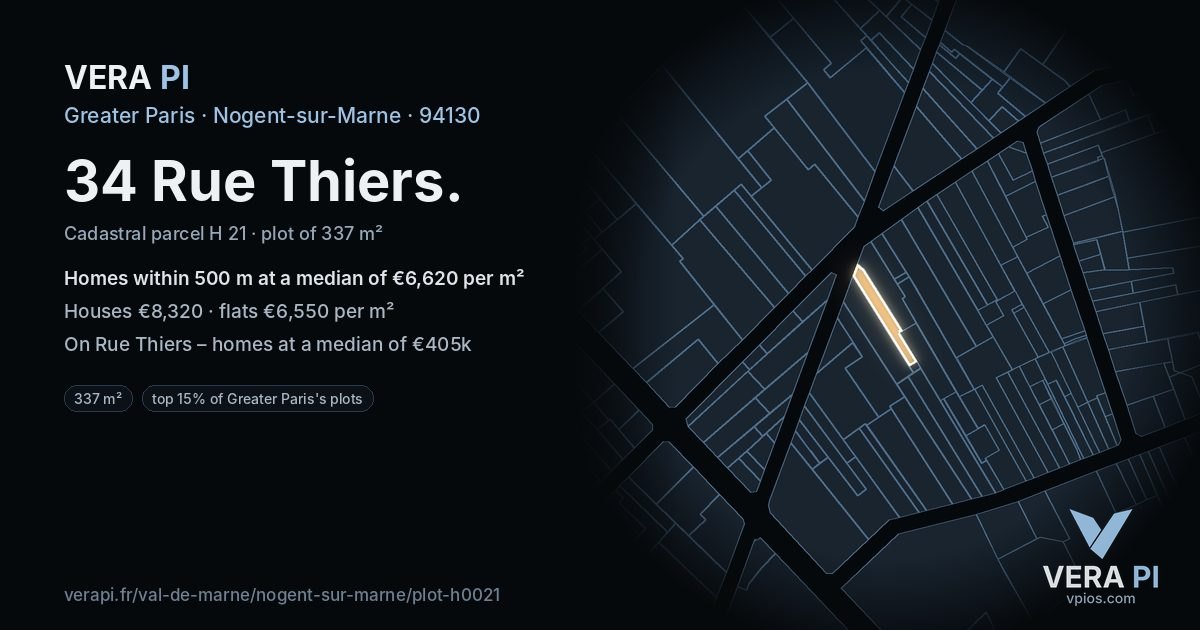 34 Rue Thiers, Nogent-sur-Marne at night – the plot lit, the parcels around coloured by the prices near them