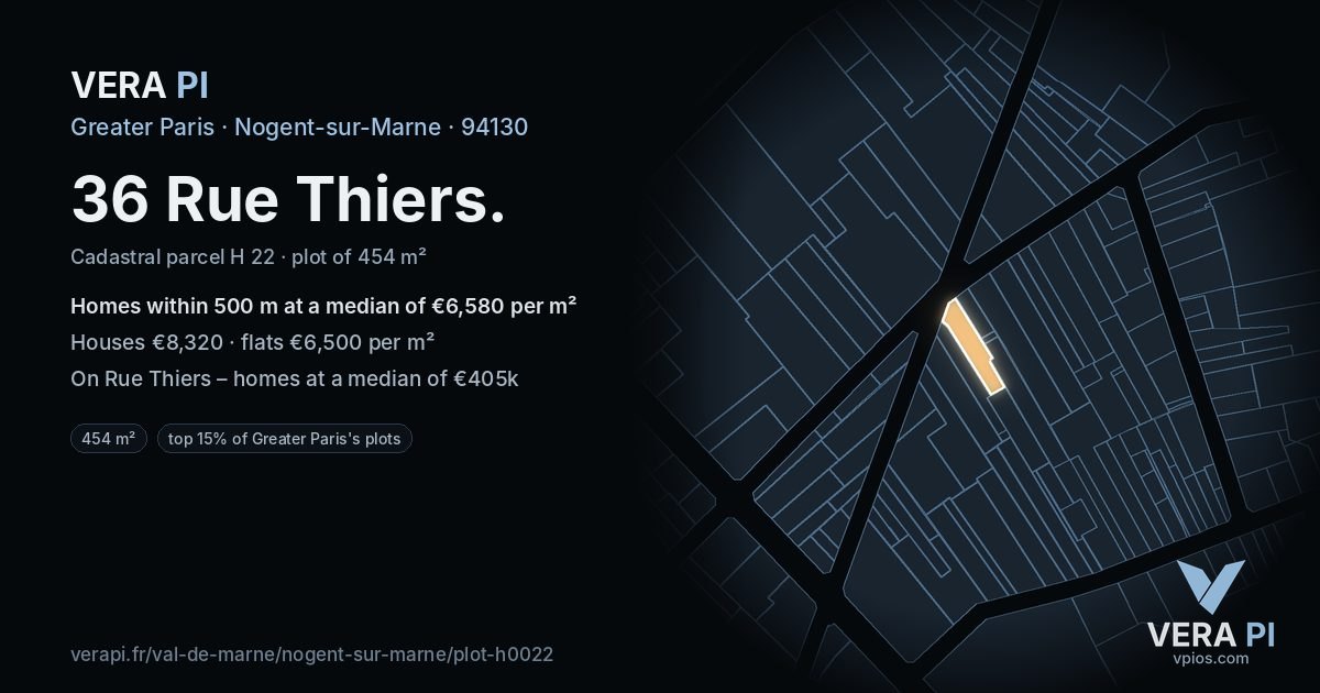 36 Rue Thiers, Nogent-sur-Marne at night – the plot lit, the parcels around coloured by the prices near them