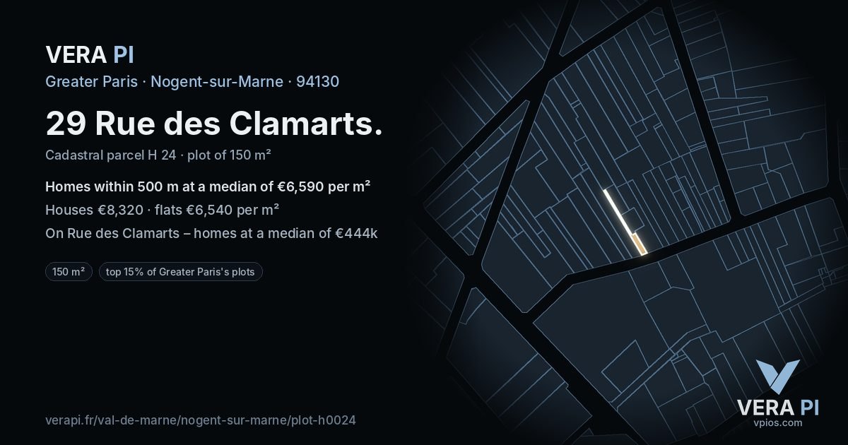 29 Rue des Clamarts, Nogent-sur-Marne at night – the plot lit, the parcels around coloured by the prices near them
