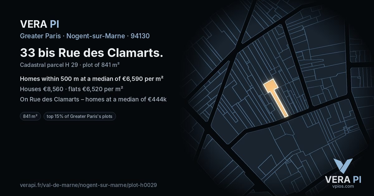 33 bis Rue des Clamarts, Nogent-sur-Marne at night – the plot lit, the parcels around coloured by the prices near them