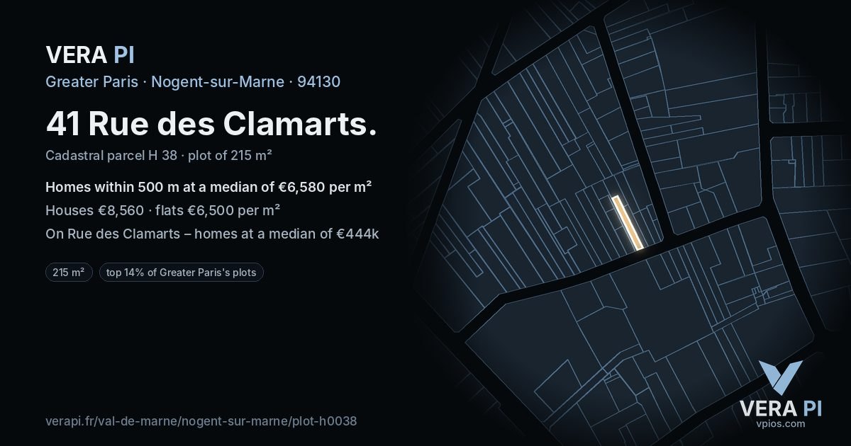 41 Rue des Clamarts, Nogent-sur-Marne at night – the plot lit, the parcels around coloured by the prices near them