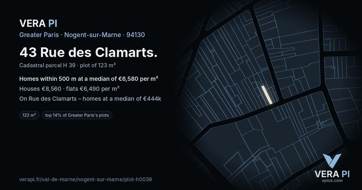 43 Rue des Clamarts, Nogent-sur-Marne at night – the plot lit, the parcels around coloured by the prices near them