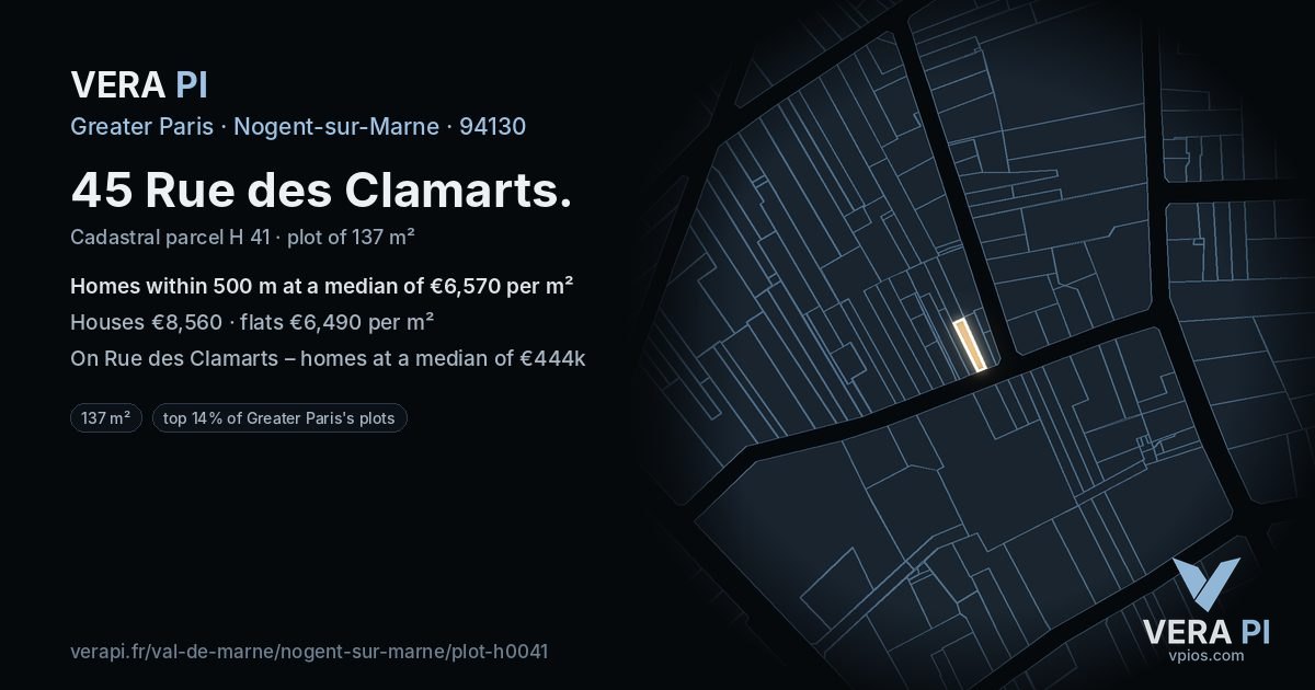 45 Rue des Clamarts, Nogent-sur-Marne at night – the plot lit, the parcels around coloured by the prices near them