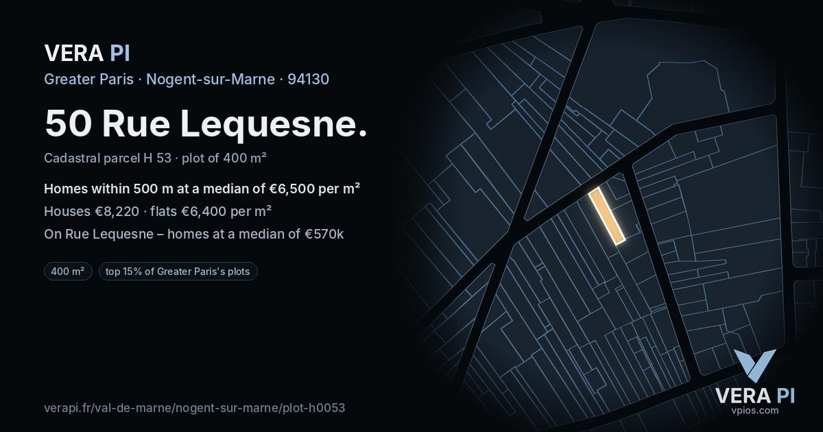 50 Rue Lequesne, Nogent-sur-Marne at night – the plot lit, the parcels around coloured by the prices near them