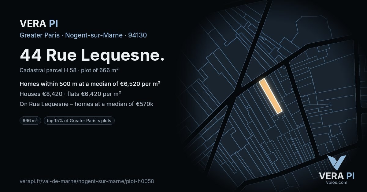 44 Rue Lequesne, Nogent-sur-Marne at night – the plot lit, the parcels around coloured by the prices near them