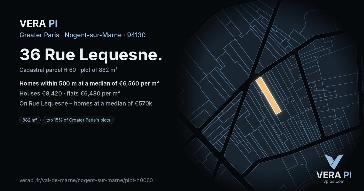 36 Rue Lequesne, Nogent-sur-Marne at night – the plot lit, the parcels around coloured by the prices near them