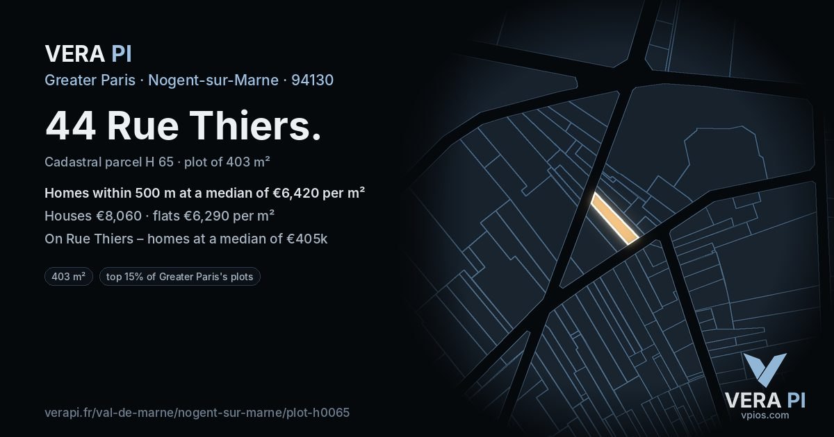 44 Rue Thiers, Nogent-sur-Marne at night – the plot lit, the parcels around coloured by the prices near them