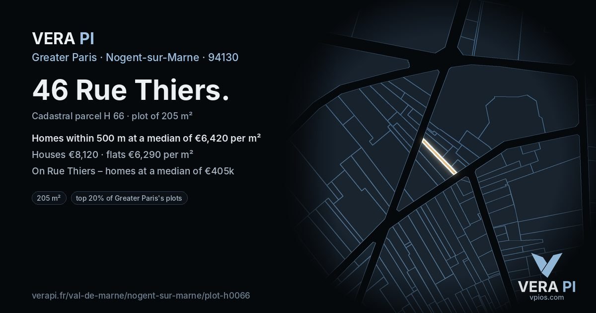 46 Rue Thiers, Nogent-sur-Marne at night – the plot lit, the parcels around coloured by the prices near them