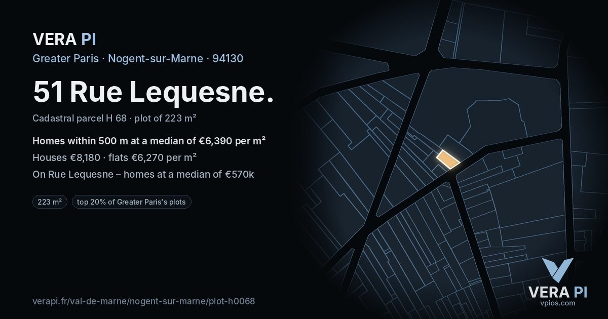 51 Rue Lequesne, Nogent-sur-Marne at night – the plot lit, the parcels around coloured by the prices near them