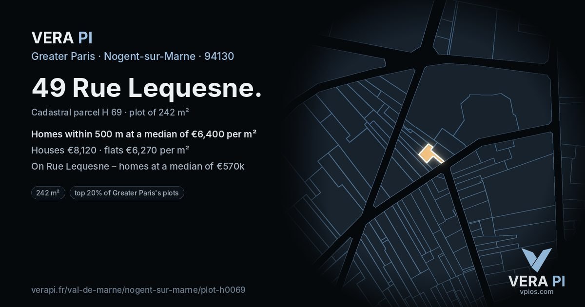 49 Rue Lequesne, Nogent-sur-Marne at night – the plot lit, the parcels around coloured by the prices near them