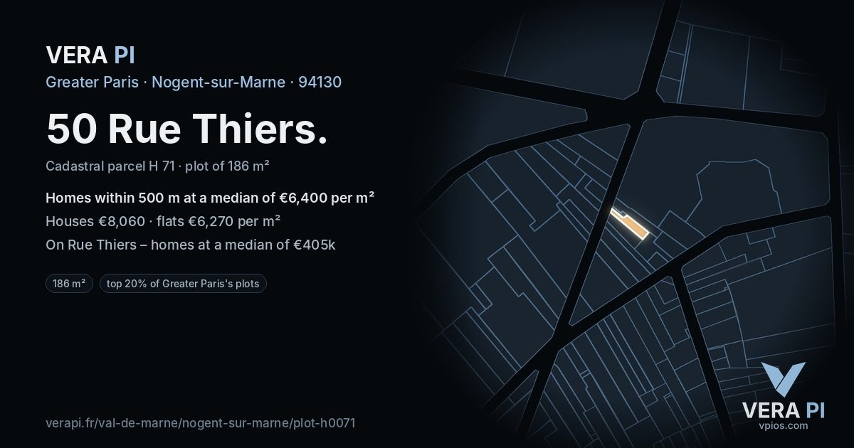 50 Rue Thiers, Nogent-sur-Marne at night – the plot lit, the parcels around coloured by the prices near them