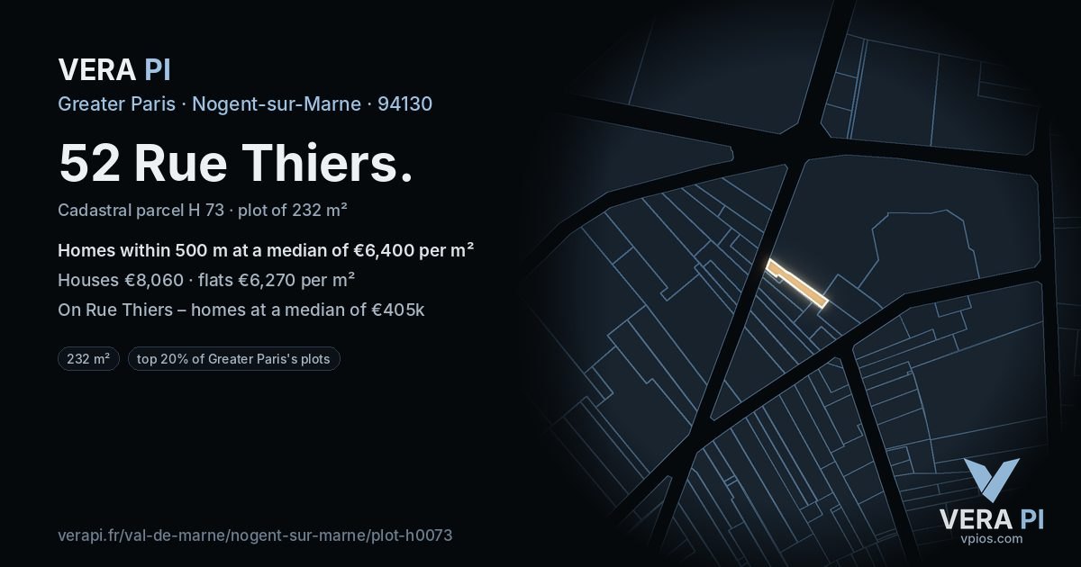 52 Rue Thiers, Nogent-sur-Marne at night – the plot lit, the parcels around coloured by the prices near them