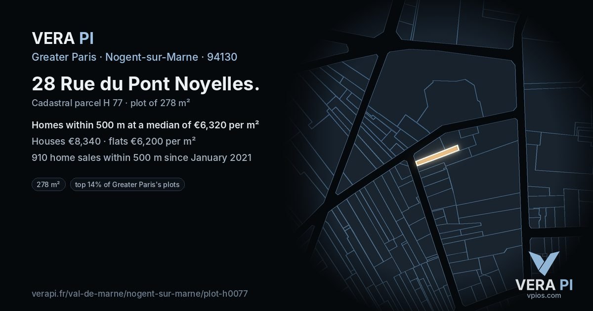 28 Rue du Pont Noyelles, Nogent-sur-Marne at night – the plot lit, the parcels around coloured by the prices near them