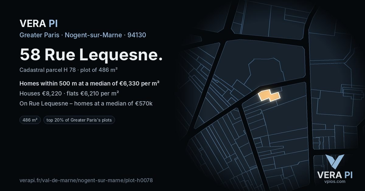 58 Rue Lequesne, Nogent-sur-Marne at night – the plot lit, the parcels around coloured by the prices near them