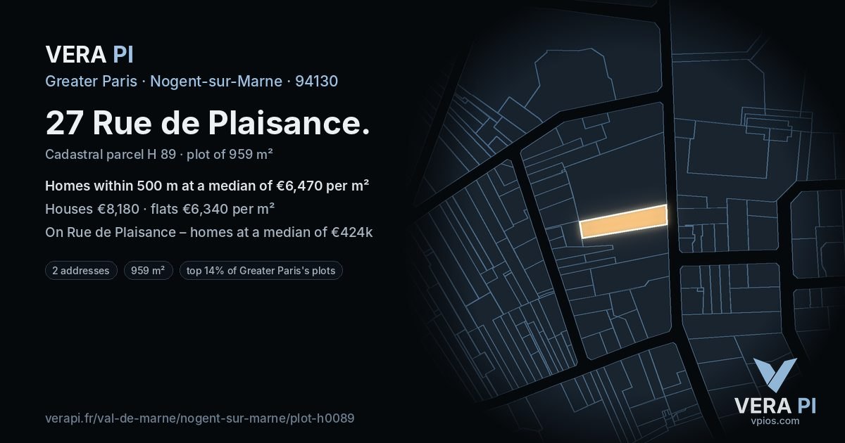 27 Rue de Plaisance, Nogent-sur-Marne at night – the plot lit, the parcels around coloured by the prices near them
