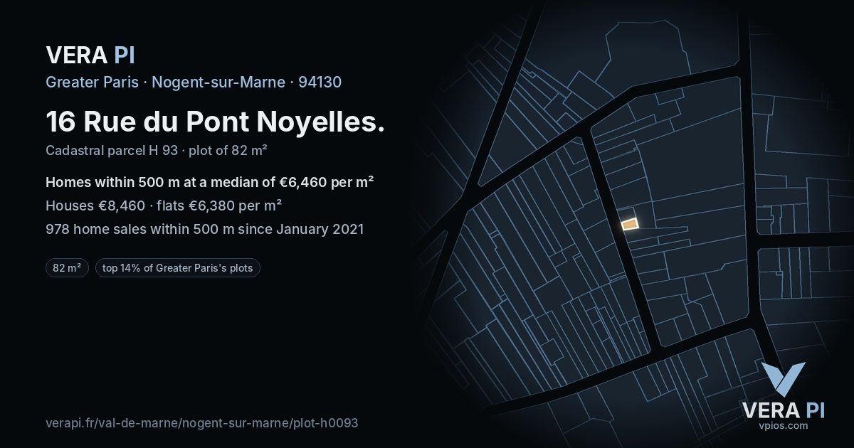 16 Rue du Pont Noyelles, Nogent-sur-Marne at night – the plot lit, the parcels around coloured by the prices near them