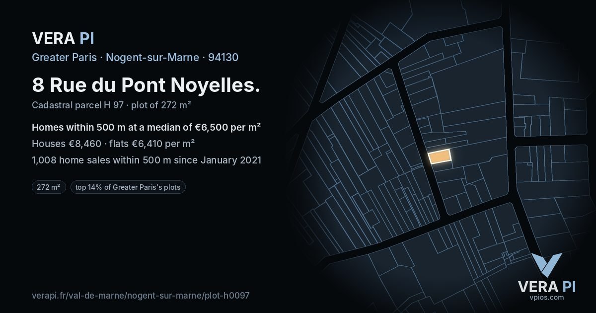 8 Rue du Pont Noyelles, Nogent-sur-Marne at night – the plot lit, the parcels around coloured by the prices near them
